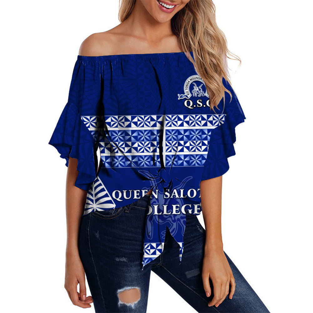 (Custom Personalised) Queen Salote College Off Shoulder Waist Wrap Top Tonga Pattern - Class Year and Your Text LT13 Women Blue - Polynesian Pride