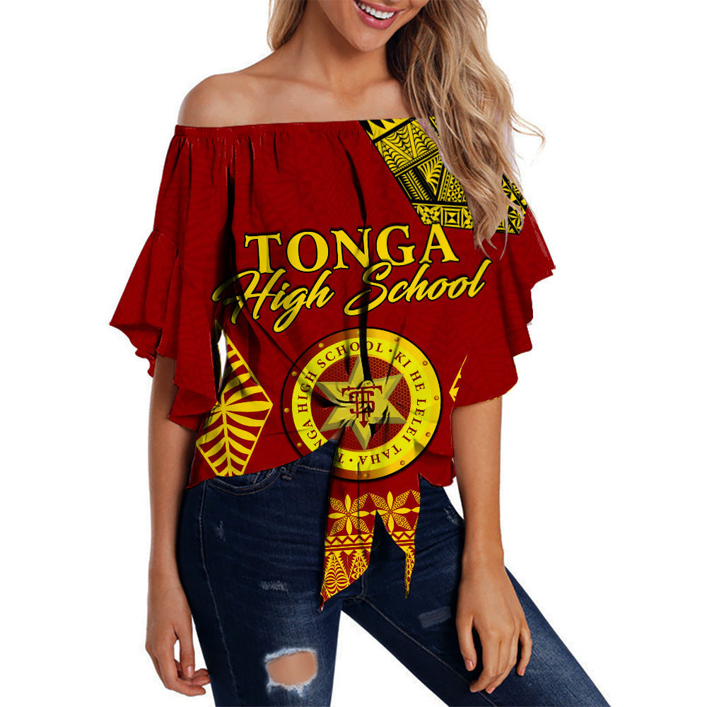 (Custom Personalised) Tonga High School Off Shoulder Waist Wrap Top Tongan Ngatu LT13 Women Red - Polynesian Pride