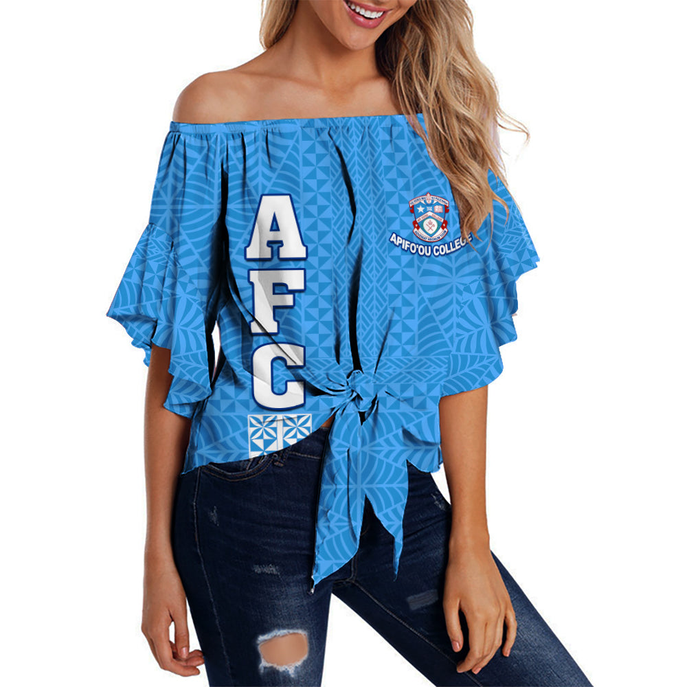 (Custom Text and Number) Apifo'ou College Off Shoulder Waist Wrap Top Tongan Pattern AFC Lovers LT13 Women Blue - Polynesian Pride