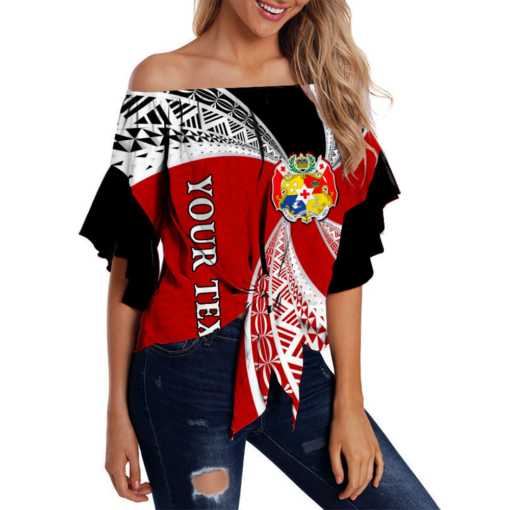 (Custom Personalised) Tonga Distinctive Off Shoulder Waist Wrap Top Tongan Tapa Pattern LT13 Women Black - Polynesian Pride
