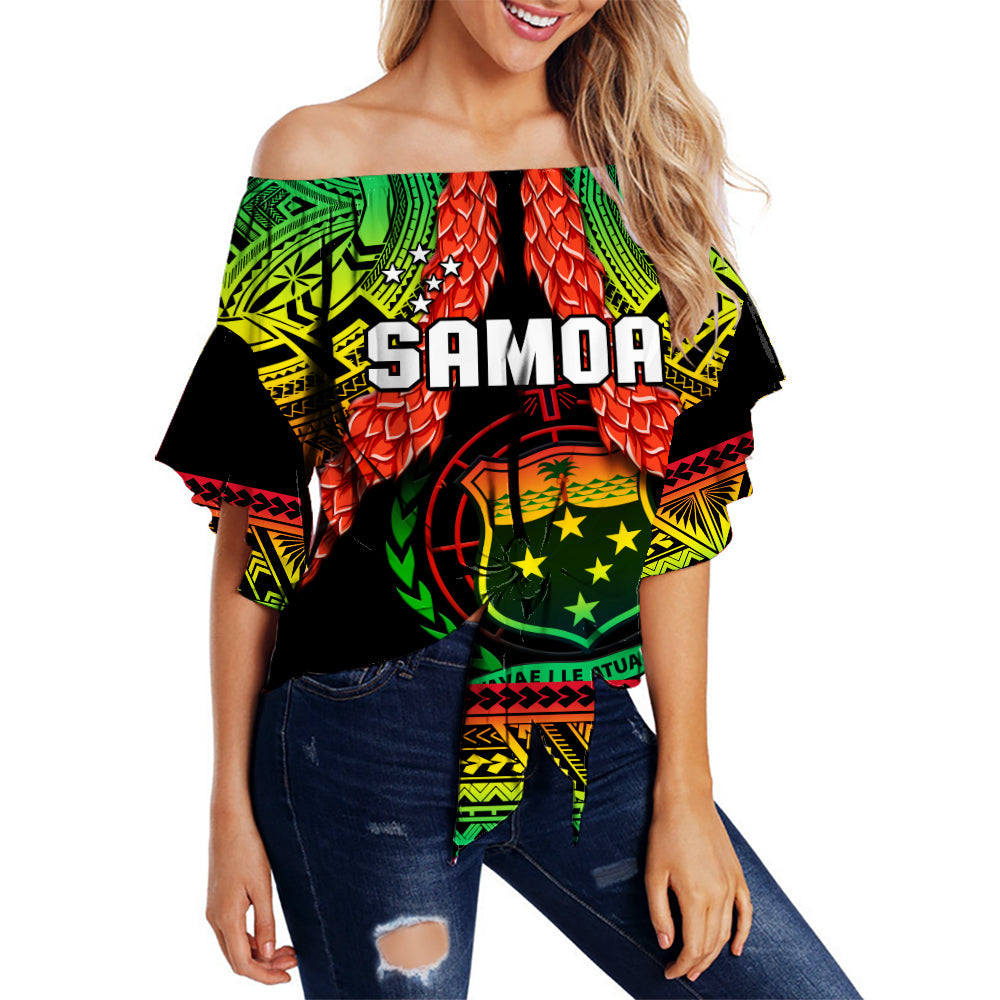 (Custom Text And Number) Samoa Rugby Off Shoulder Waist Wrap Top Teuila Torch Ginger Gradient Style LT14 Women Black - Polynesian Pride