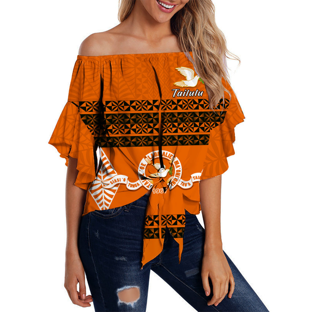 (Custom Personalised) Tailulu College Off Shoulder Waist Wrap Top Tonga Pattern - Class Year and Your Text LT13 Women Orange - Polynesian Pride
