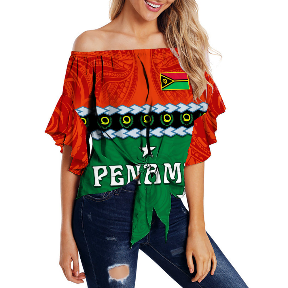 (Custom Personalised) Penama Province Off Shoulder Waist Wrap Top Vanuatu Pig Tusk Polynesian Flag Style LT14 Women Green - Polynesian Pride