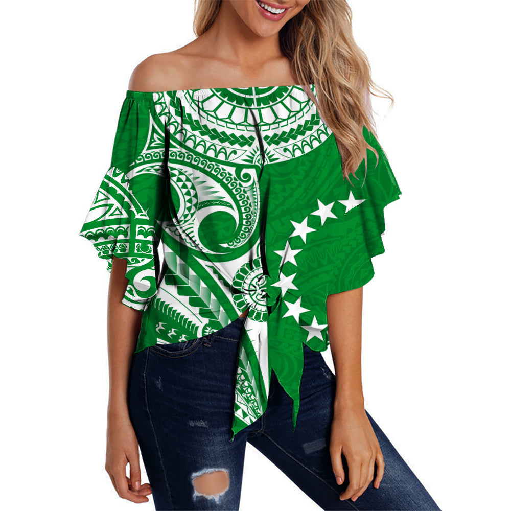 (Custom Text and Number) Cook Islands Tatau Off Shoulder Waist Wrap Top Symbolize Passion Stars Version Green LT13 Women Green - Polynesian Pride