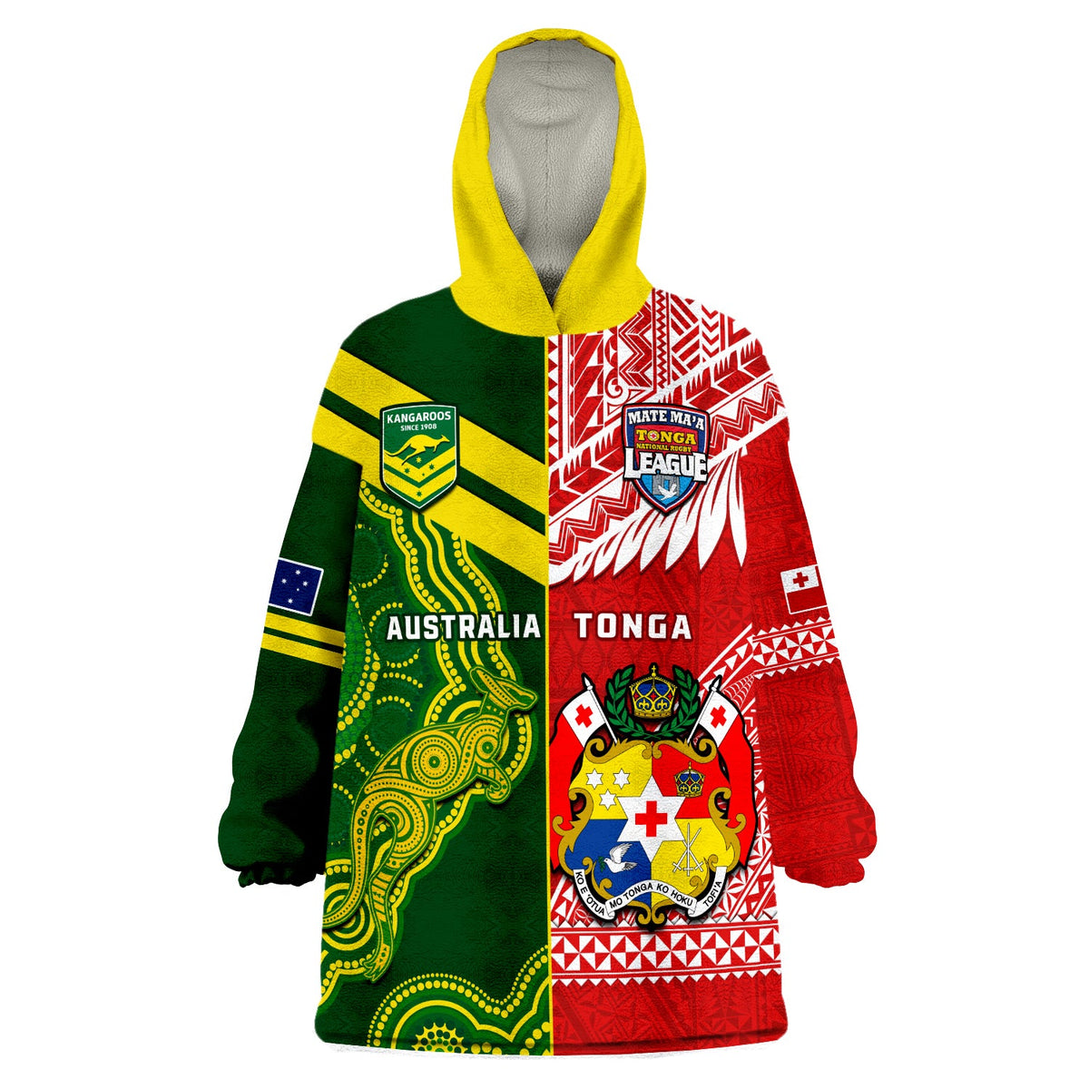 (Custom Personalised) Tonga And Australia Rugby Wearable Blanket Hoodie Mate Maa Tonga Mix Kangaroos LT14 Unisex One Size - Polynesian Pride