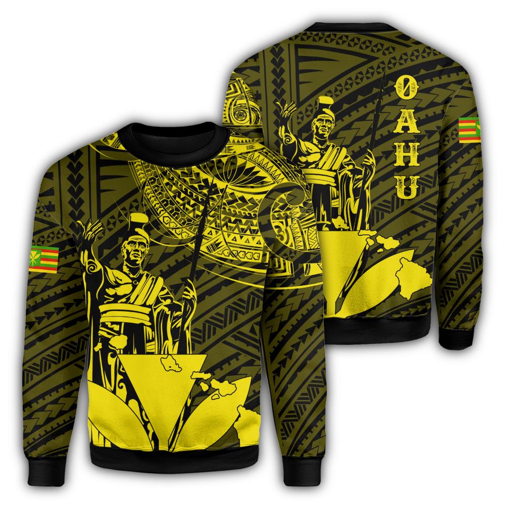 Hawaiian King Kanaka Map Polynesian Oahu Sweatshirt - Yellow - Hala Style - AH Unisex Yellow - Polynesian Pride