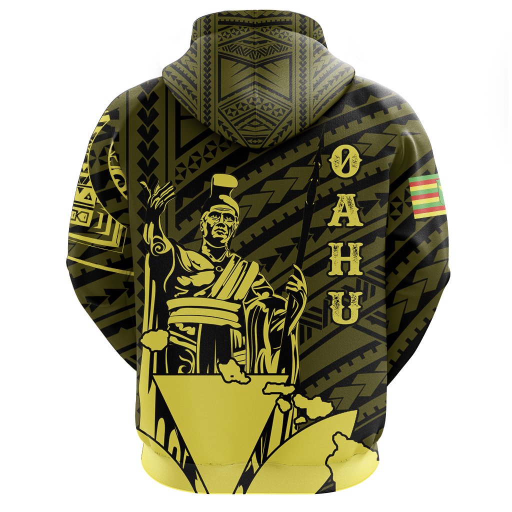 Hawaiian King Kanaka Map Polynesian Oahu Hoodie Zip Yellow Hala Style - Polynesian Pride