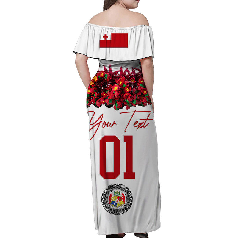 (Custom Personalised) Tonga Emancipation Day Off Shoulder Long Dress Independence Day - Unique Kahoa Heilala Flower - White LT8 - Polynesian Pride