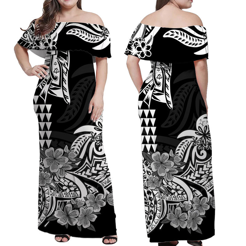 Hawaii Kakau Off Shoulder Long Dress Polynesian Floral Tribal Black Version LT9 - Polynesian Pride