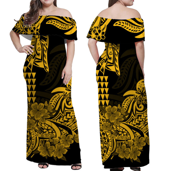 Tahiti Off Shoulder Long Dress Kakau Style Gradient Blue main image 1