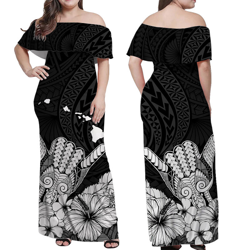 Hawaii Shaka Sign Off Shoulder Long Dress Black Version LT9 - Polynesian Pride