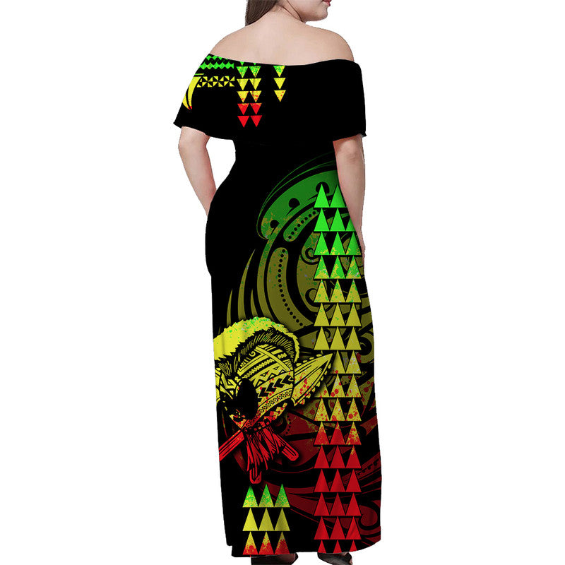 Hawaii Polynesian Warrior Kakau Off Shoulder Long Dress-Reggage LT6 - Polynesian Pride