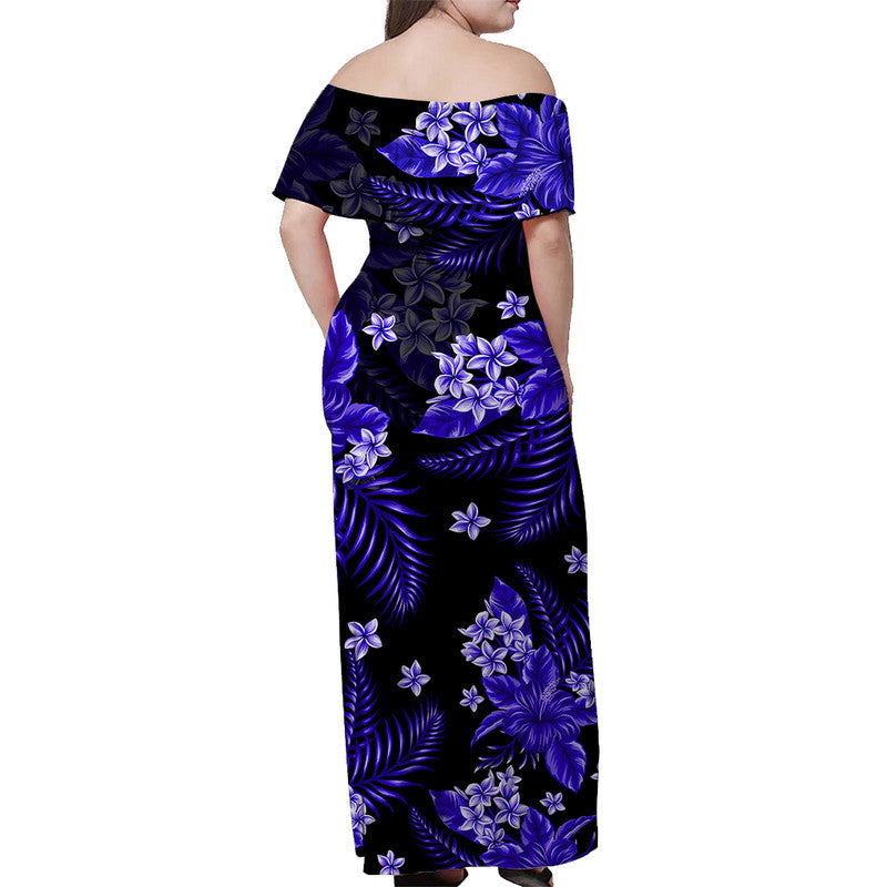 Hawaii Summer Colorful Off Shoulder Long Dress Dark Blue LT6 - Polynesian Pride
