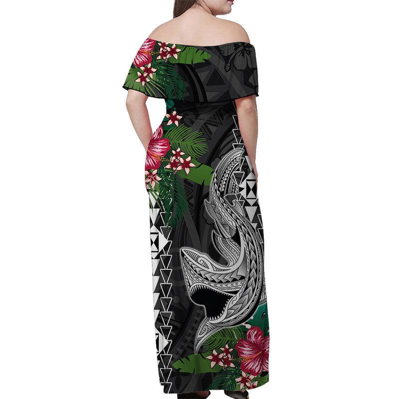 Hawaii Kakau Off Shoulder Long Dress Mix Sharks Polynesian Hibiscus LT6 - Polynesian Pride