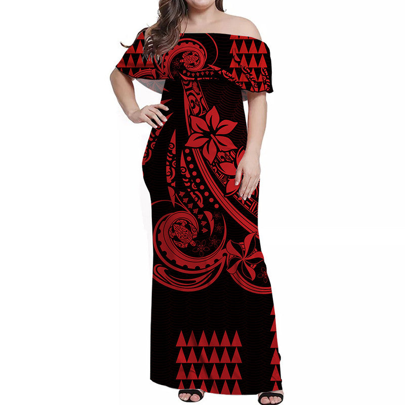 Kakau Hawaiian Polynesian Off Shoulder Long Dress Red LT6
