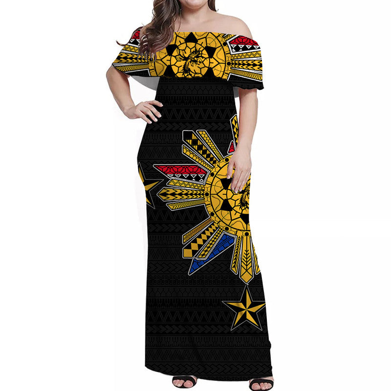 Filipino Off Shoulder Long Dress Tribal Black Style LT6 Women Black - Polynesian Pride