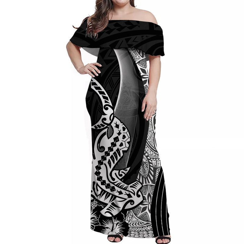 Hawaiian Shark Polynesian Off Shoulder Long Dress Vibe Black Style LT6