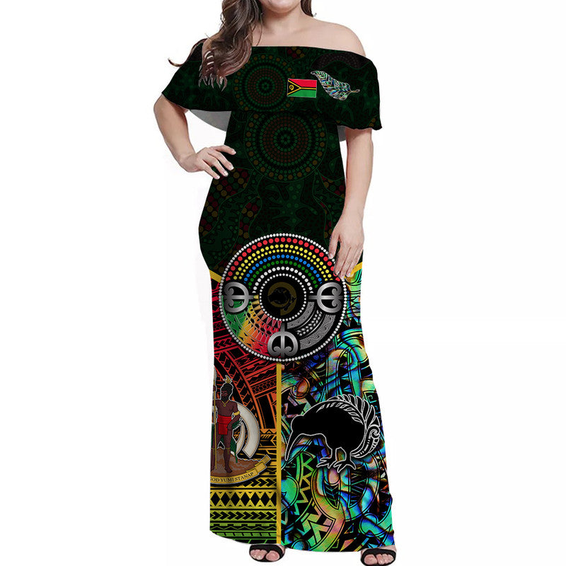 Vanuatu Mix Maori And Aboriginal Off Shoulder Long Dress LT6 Women Art - Polynesian Pride