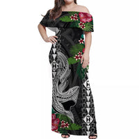 Hawaii Kakau Off Shoulder Long Dress Mix Sharks Polynesian Hibiscus LT6 Women Black - Polynesian Pride