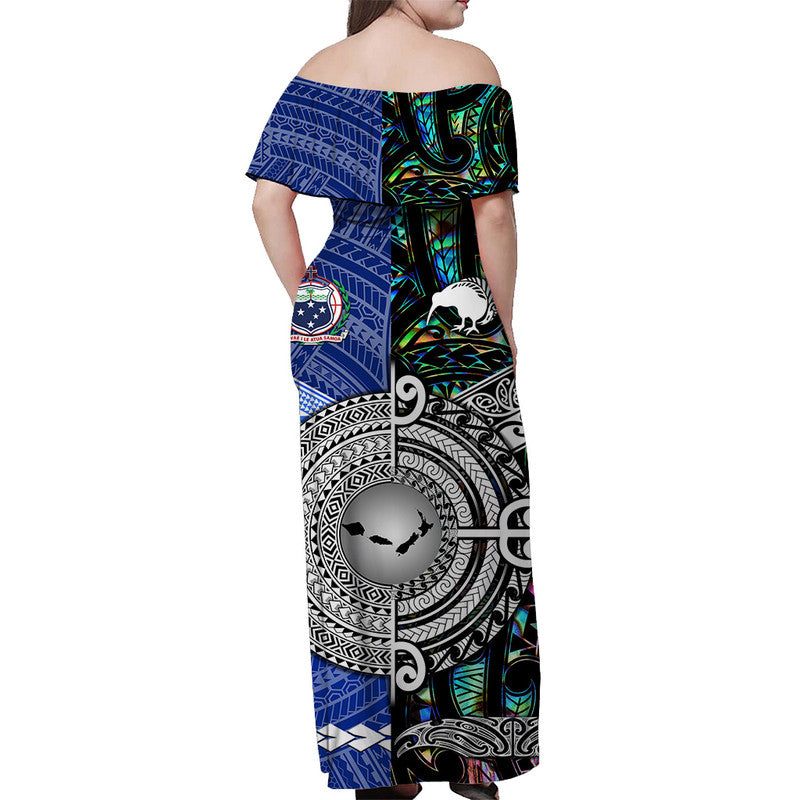 Samoa And New Zealand Off Shoulder Long Dress Together - Paua Shell LT8 - Polynesian Pride