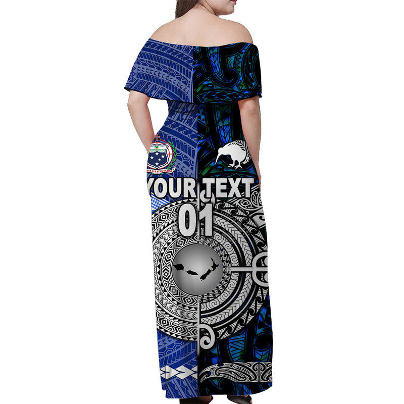(Custom Personalised) Samoa And New Zealand Off Shoulder Long Dress Together - Blue LT8 - Polynesian Pride