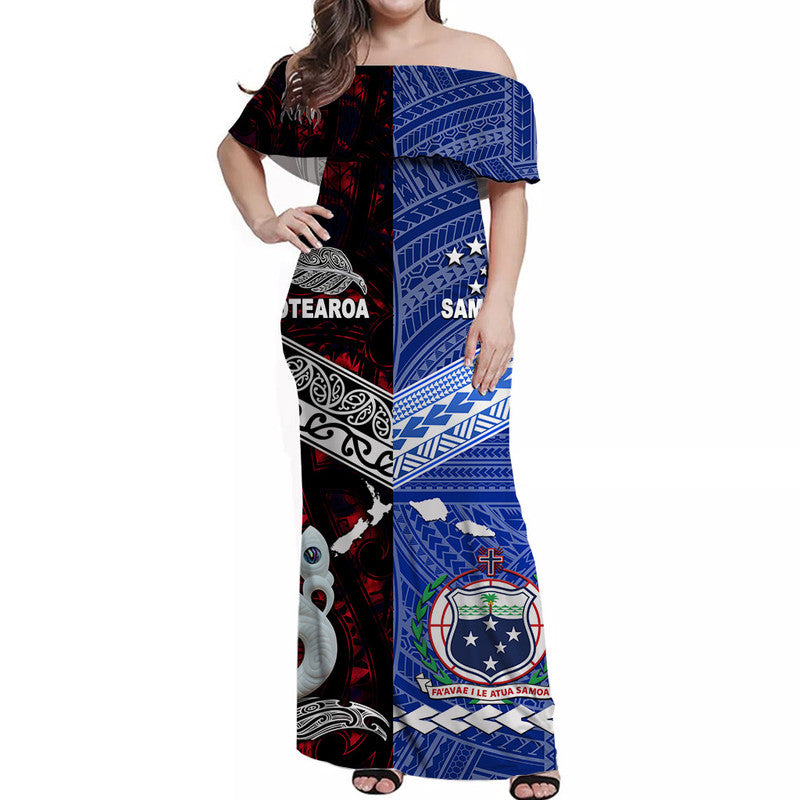 (Custom Personalised) Samoa And New Zealand Off Shoulder Long Dress Together - Red LT8 Women Red - Polynesian Pride