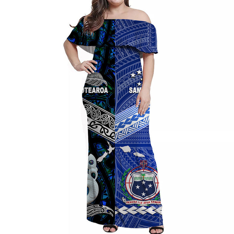 Samoa And New Zealand Off Shoulder Long Dress Together - Blue LT8 Women Blue - Polynesian Pride