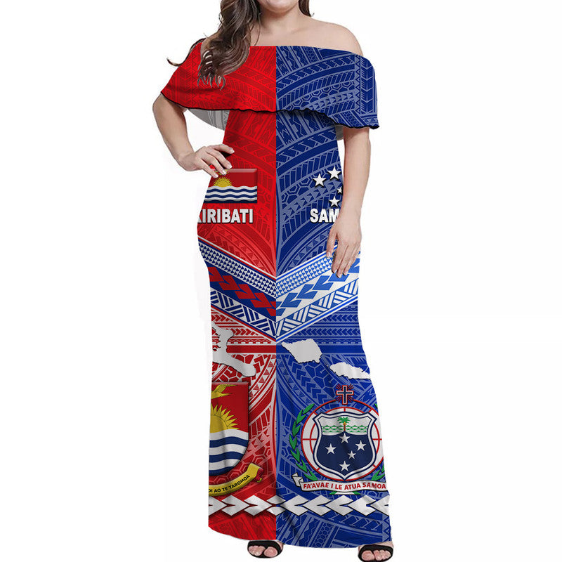 (Custom Personalised) Samoa And Kiribati Off Shoulder Long Dress Together LT8 Women Blue - Polynesian Pride
