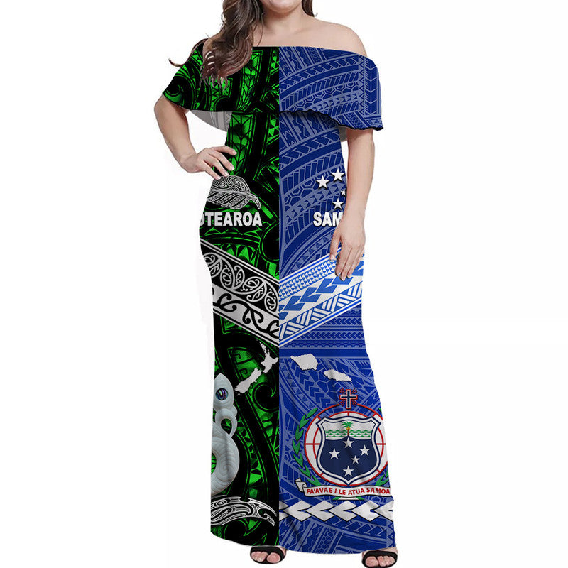 Samoa And New Zealand Off Shoulder Long Dress Together - Green LT8 Women Green - Polynesian Pride