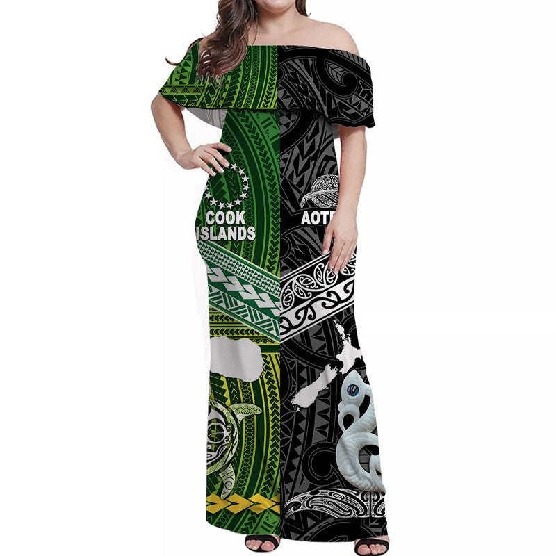 New Zealand And Cook Islands Off Shoulder Long Dress Together - Black LT8 Women Black - Polynesian Pride