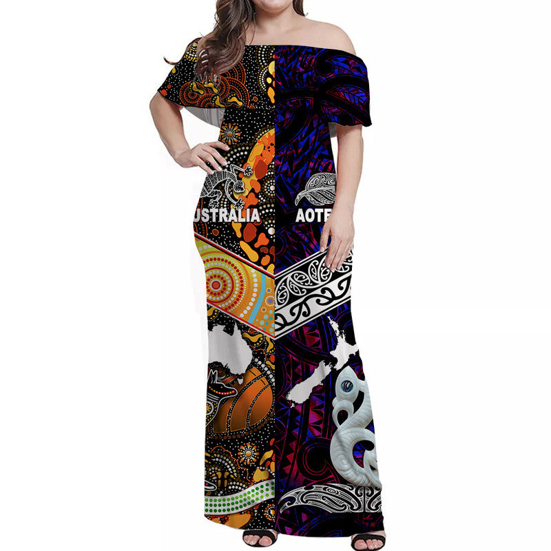 New Zealand Maori Aotearoa And Australia Aboriginal Off Shoulder Long Dress Together - Purple LT8 Women Purple - Polynesian Pride