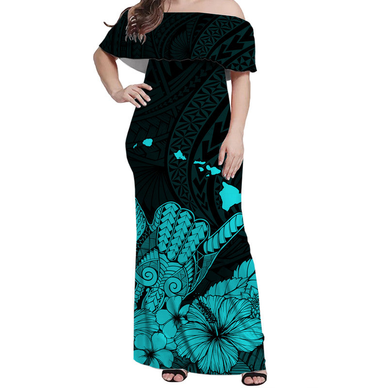 Hawaii Shaka Sign Off Shoulder Long Dress Turquoise Version LT9 Women Turquoise - Polynesian Pride