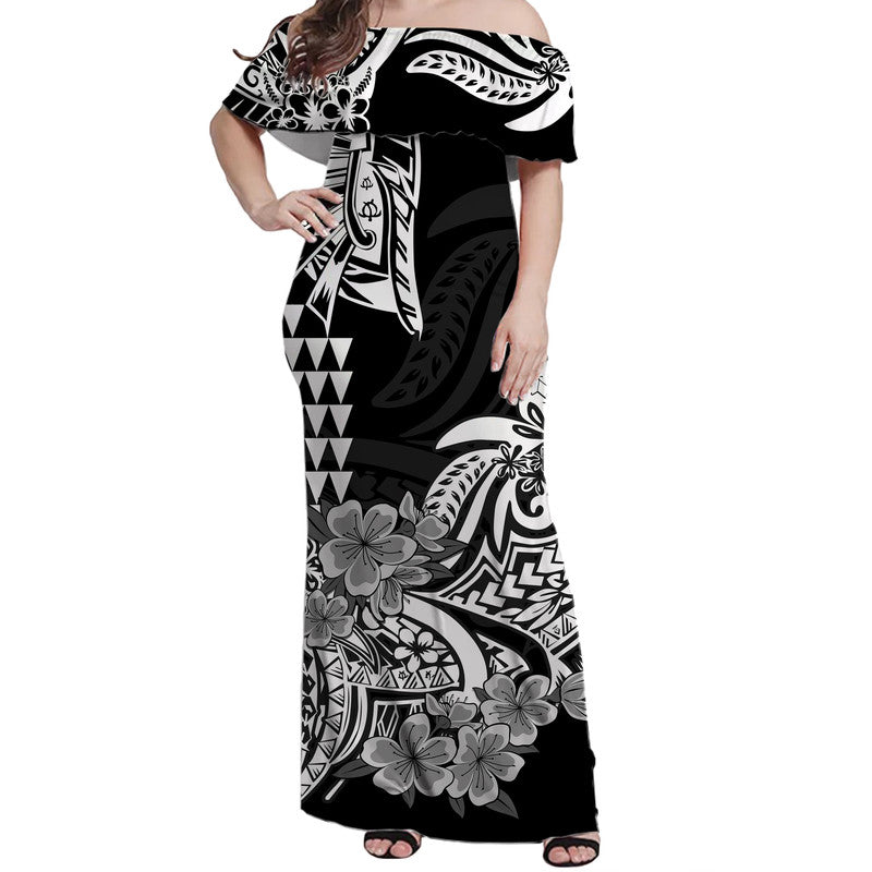 Hawaii Kakau Off Shoulder Long Dress Polynesian Floral Tribal Black Version LT9 Women Black - Polynesian Pride