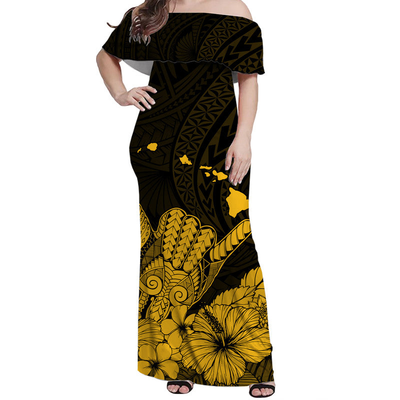 Hawaii Shaka Sign Off Shoulder Long Dress Gold Version LT9 Women Gold - Polynesian Pride