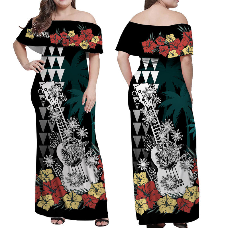 Hawaii Ukulele Mix Hibiscus and Coconut Tree Matching Dress and Hawaiian Shirt Aloha Vintage Black Version LT9 - Polynesian Pride