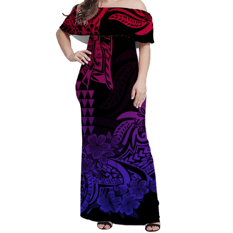 Hawaii Kakau Off Shoulder Long Dress Polynesian Floral Tribal Gradient Version LT9 Women Gradient - Polynesian Pride