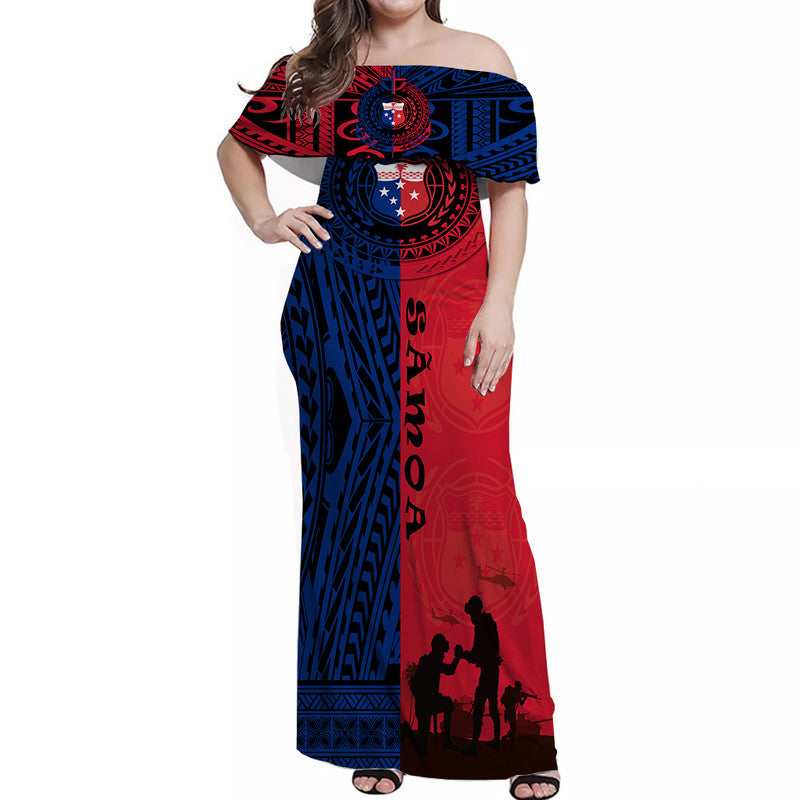 Samoa Independence Day Women Off Shoulder Long Dress Military Polynesian Pattern LT9 Women Blue - Red - Polynesian Pride