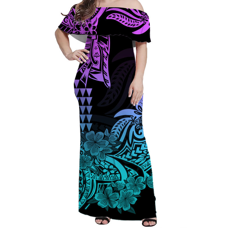 Hawaii Kakau Off Shoulder Long Dress Polynesian Floral Tribal Heliotrope Version LT9 Women Heliotrope - Polynesian Pride