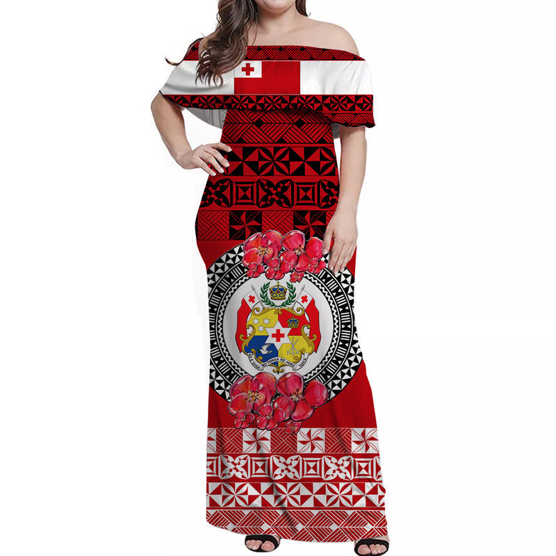 (Custom Personalised) Tonga Emancipation Day Off Shoulder Long Dress Independence Day - Simple Ngatu Heilala Flower - Red LT8 Women Red - Polynesian Pride
