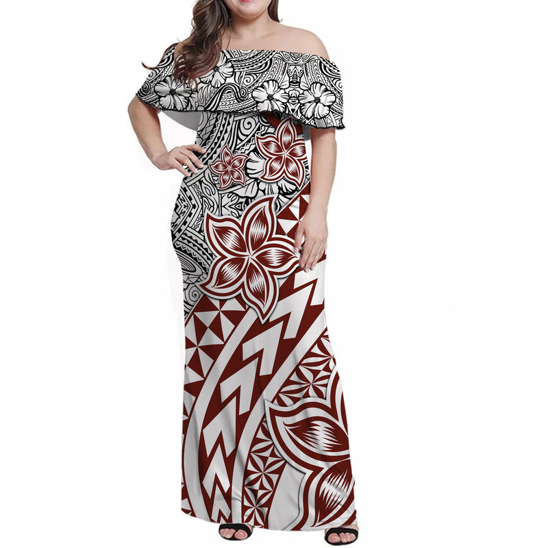 Traditional Polynesian Tribal Tattoo Retro Women Off Shoulder Long Dress LT9 Women White - Polynesian Pride