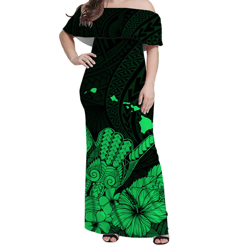 Hawaii Shaka Sign Off Shoulder Long Dress Green Version LT9 Women Green - Polynesian Pride