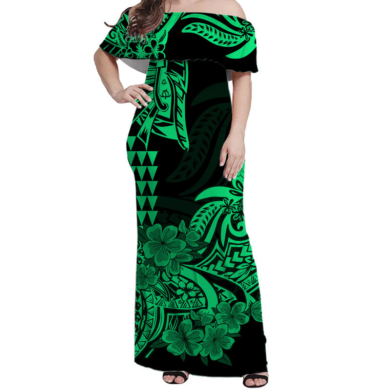 Hawaii Kakau Off Shoulder Long Dress Polynesian Floral Tribal Green Version LT9 Women Green - Polynesian Pride