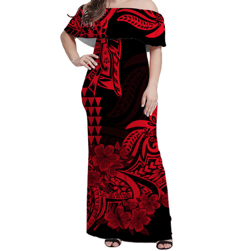 Hawaii Kakau Off Shoulder Long Dress Polynesian Floral Tribal Red Version LT9 Women Red - Polynesian Pride