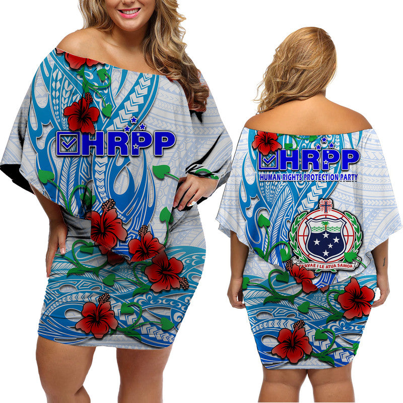Special Samoa HRPP Party Women Off Shoulder Short Dress Tribal Samoan Hibiscus Design LT9 Women Blue - Polynesian Pride