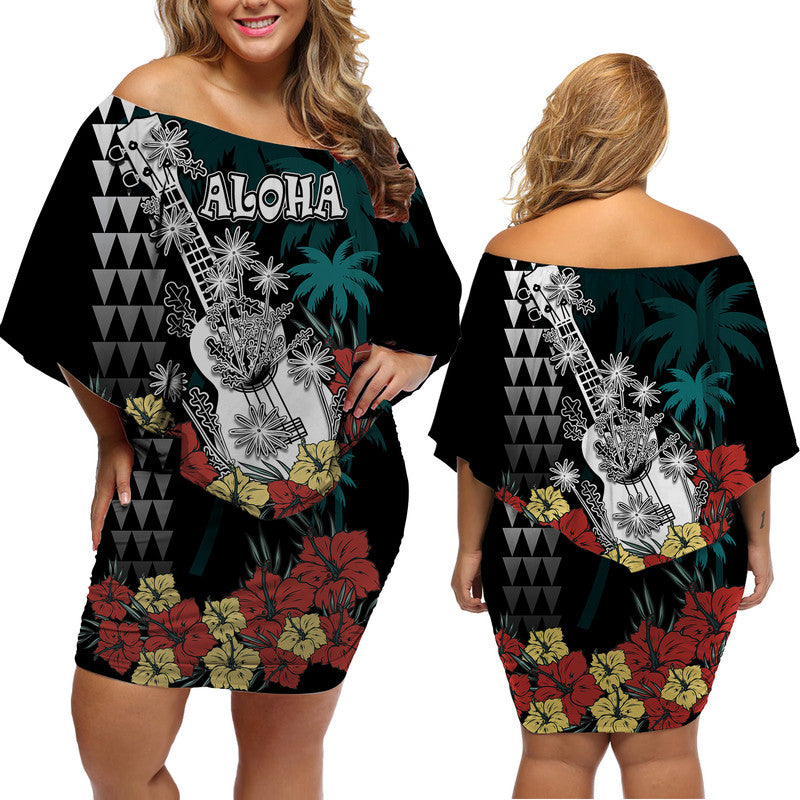 Hawaii Ukulele Mix Hibiscus and Coconut Tree Women Off Shoulder Short Dress Aloha Vintage Black Version LT9 Female Black - Polynesian Pride
