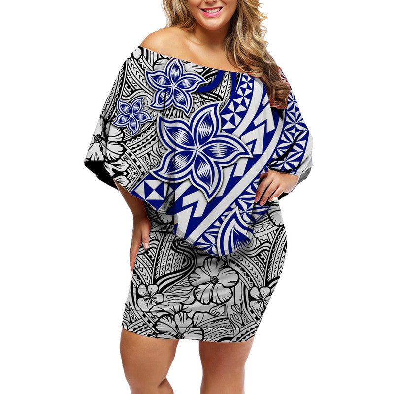 Traditional Polynesian Tribal Tattoo Retro Women Off shoulder Short Dress Blue LT9 Women Blue - Polynesian Pride