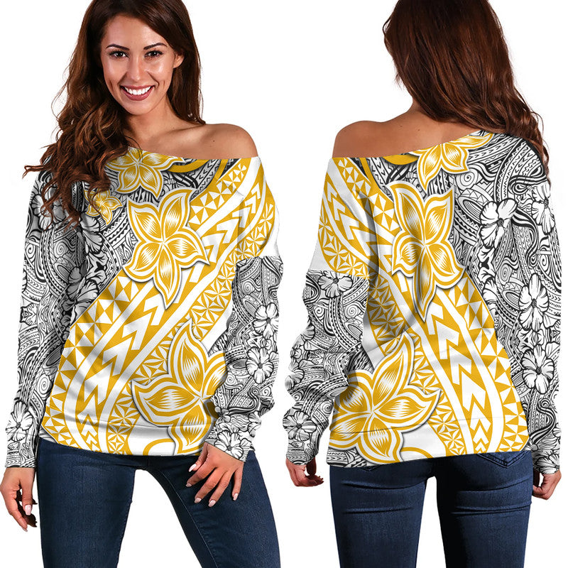 Traditional Polynesian Tribal Tattoo Retro Women Off Shoulder Sweater Yellow LT9 Women Yellow - Polynesian Pride