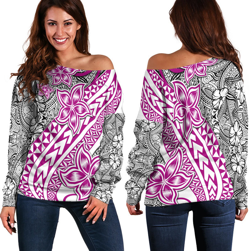 Traditional Polynesian Tribal Tattoo Retro Women Off Shoulder Sweater Pink LT9 Women Pink - Polynesian Pride