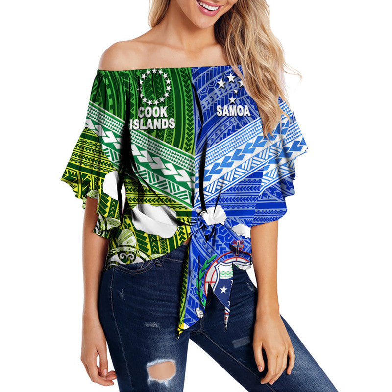 (Custom Personalised) Samoa And Cook Islands Off Shoulder Waist Wrap Top Together LT8 Women Blue - Polynesian Pride