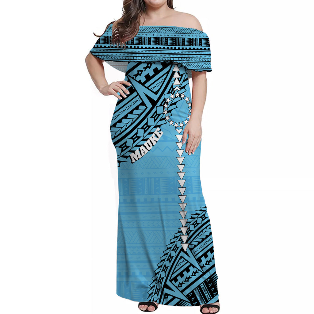 Cook Islands Tribal Personalised Off Shoulder Long Dress Island Map - Mauke Island LT7 Long Dress Blue - Polynesian Pride